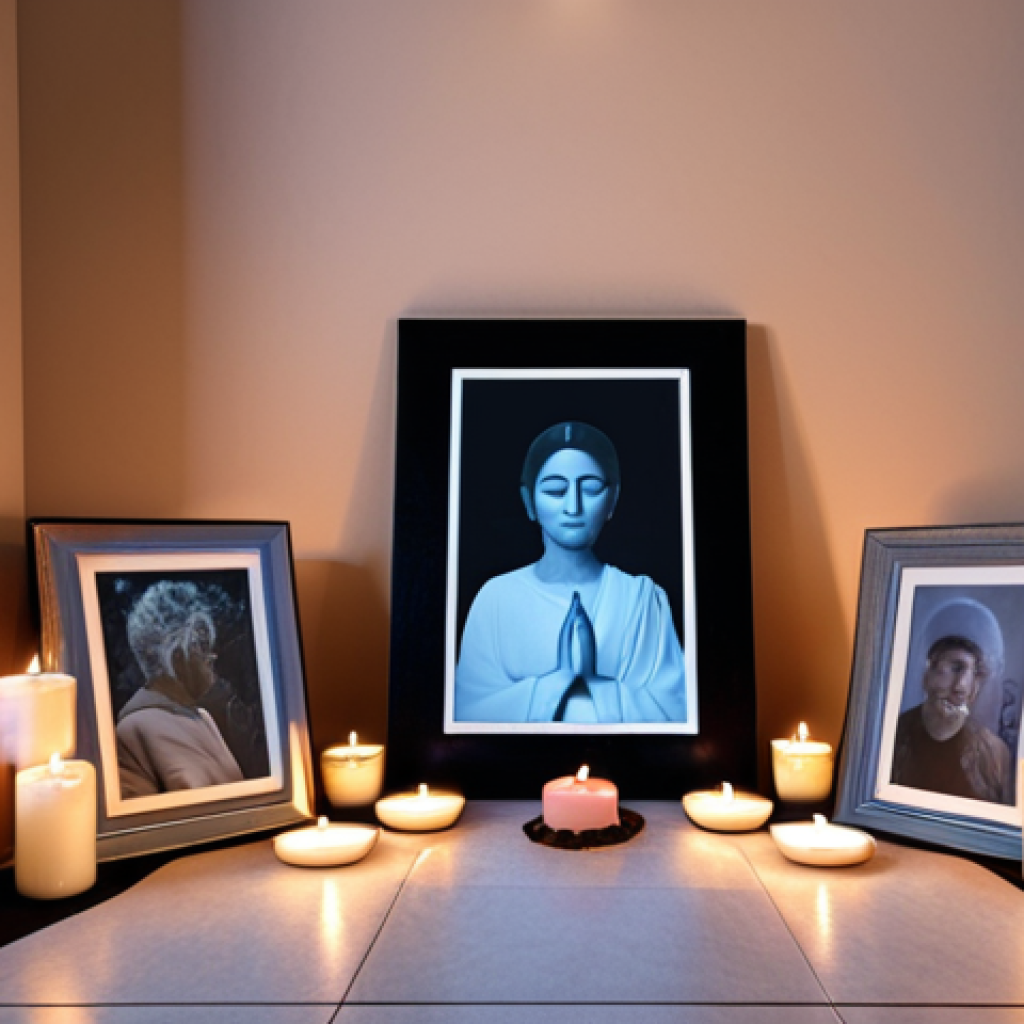 **Emotional Reflection Space**:
   - *Prompt*: "A serene virtual memorial space with soft lighting, featuring a digital altar adorned with candles, flowers, and framed photographs of loved ones. The atmosphere is calm and reflective, inviting users to meditate and share memories in a peaceful setting."
